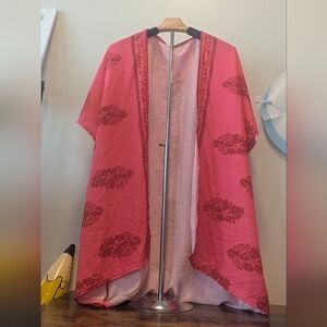 Dark Pink Kimono Cardigan with Red Floral Pattern